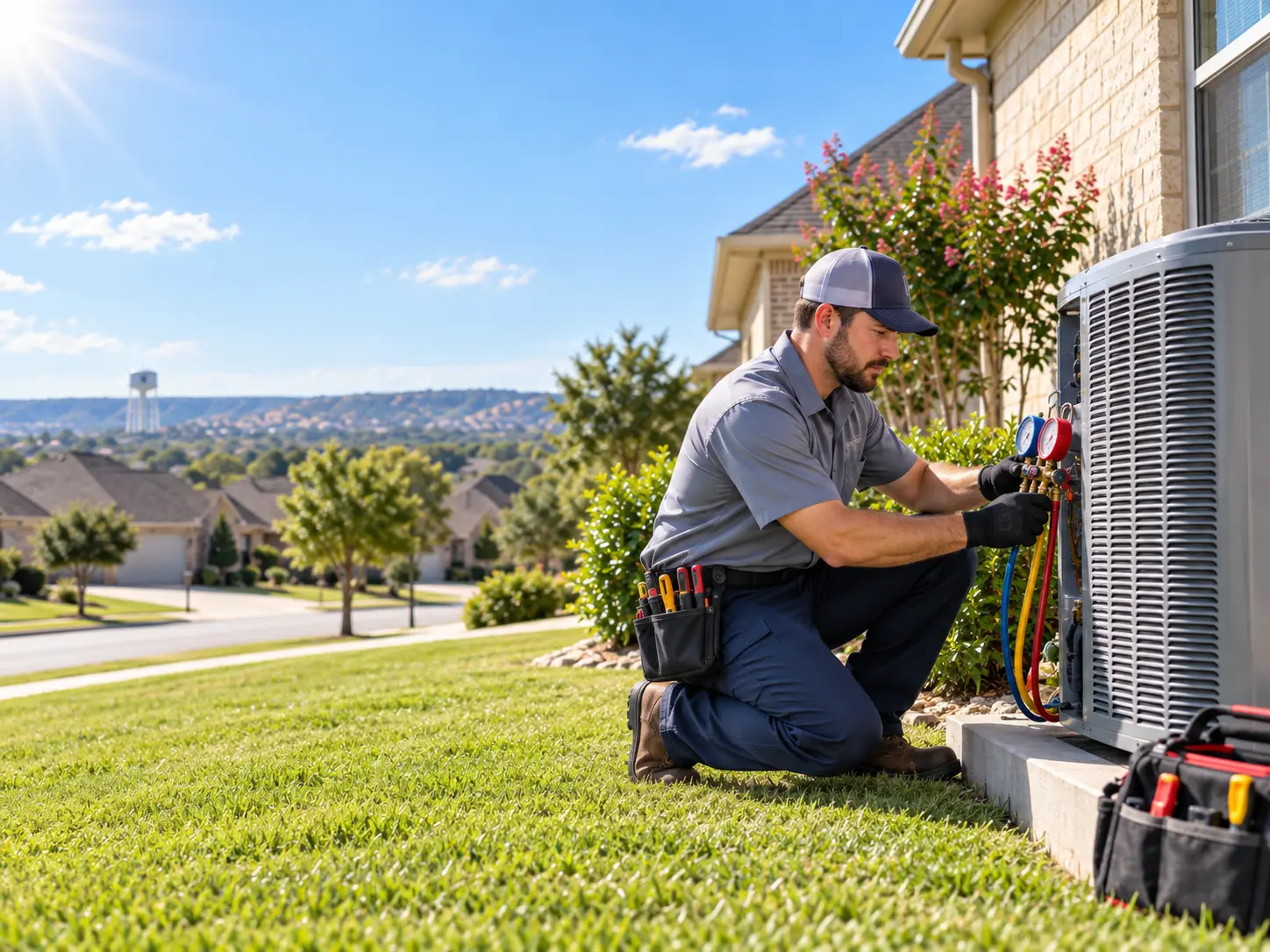Technician measuring system pressures on a residential condenser during hot weather