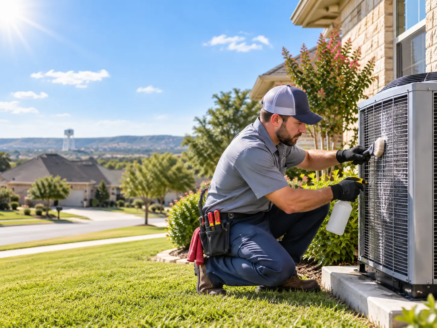 Technician cleaning the outdoor condenser coil of a residential air conditioner