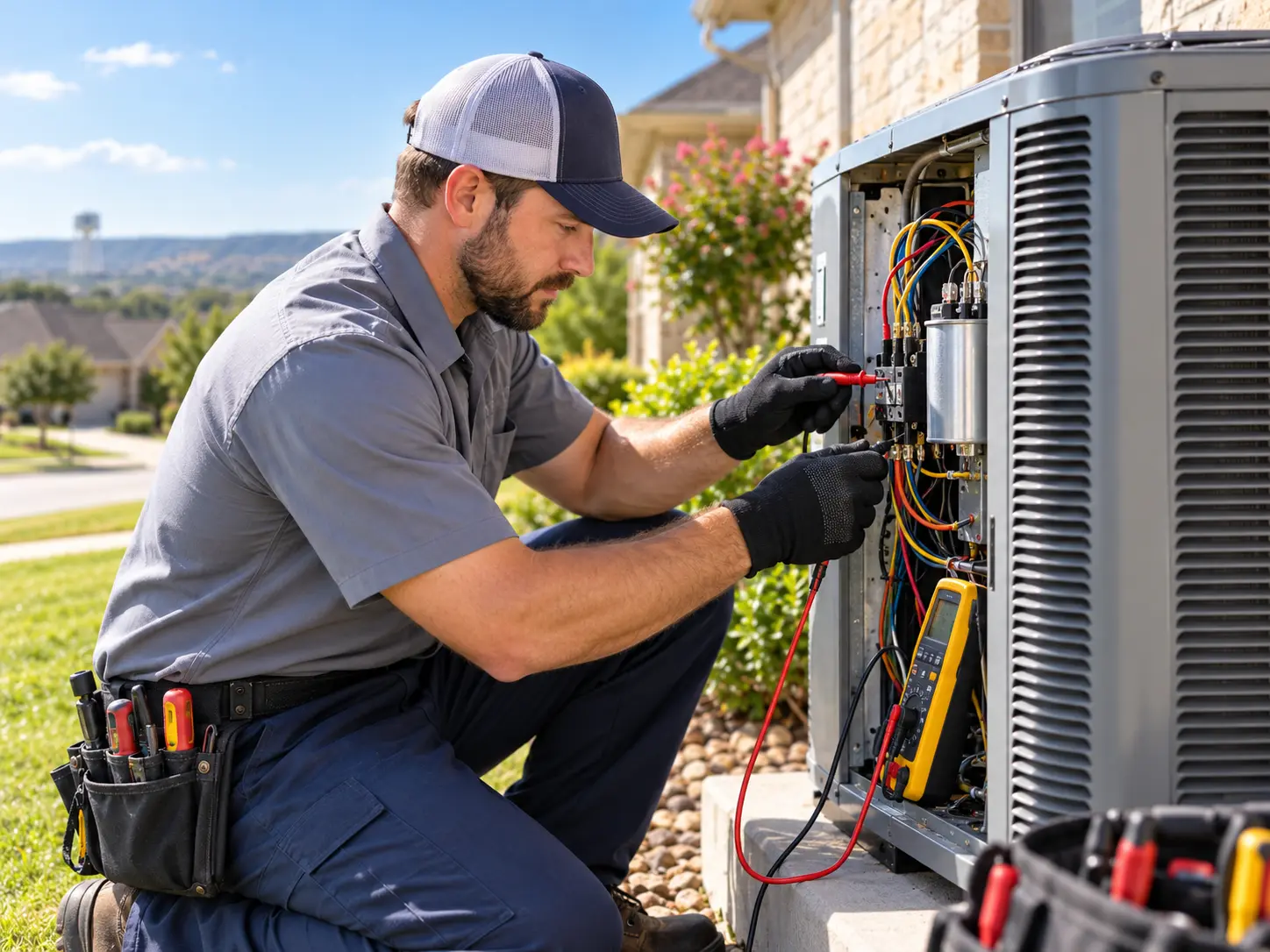 Technician testing electrical components inside an outdoor air conditioning unit with a multimeter